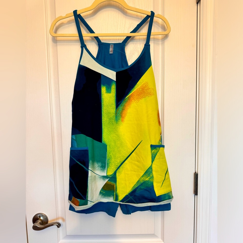FP Movement by Free People Abstract Teal Blue Yellow Romper